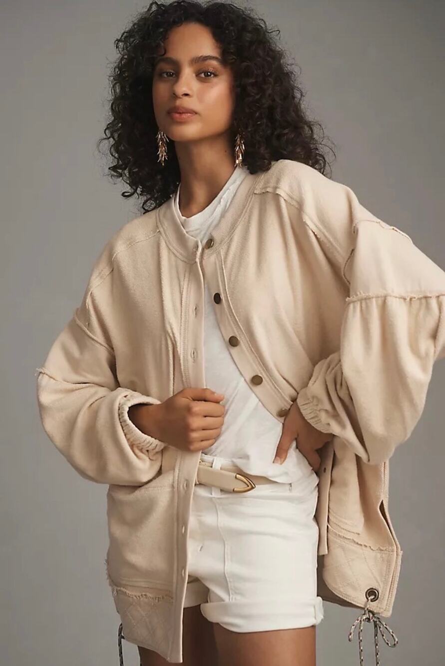 PILCRO x ANTHROPOLOGIE Button-Front Cotton Shacket in Light Sand